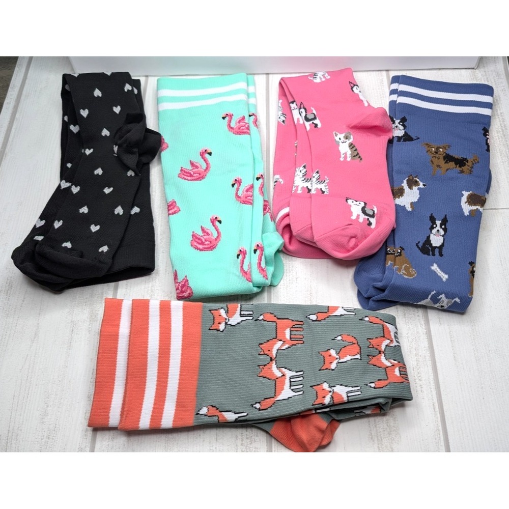 Lot of 5 pairs Women's knee-high novelty socks Flamingo Fox Dog Cat Hearts - Picture 2 of 4